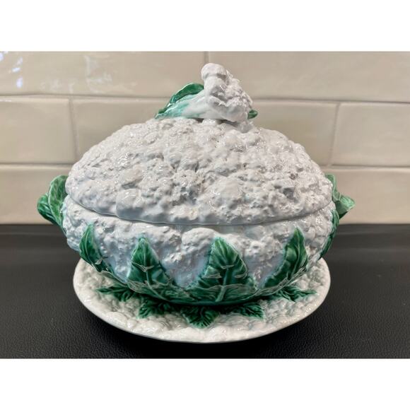 1930s Bordallo Pinheiro Cauliflower Cabbage Tureen Lidded Dish Underplate - Picture 3 of 12